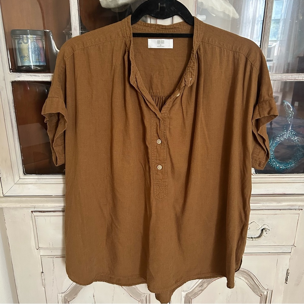 Uniqlo Linen Blend Popover Blouse Medium Brown